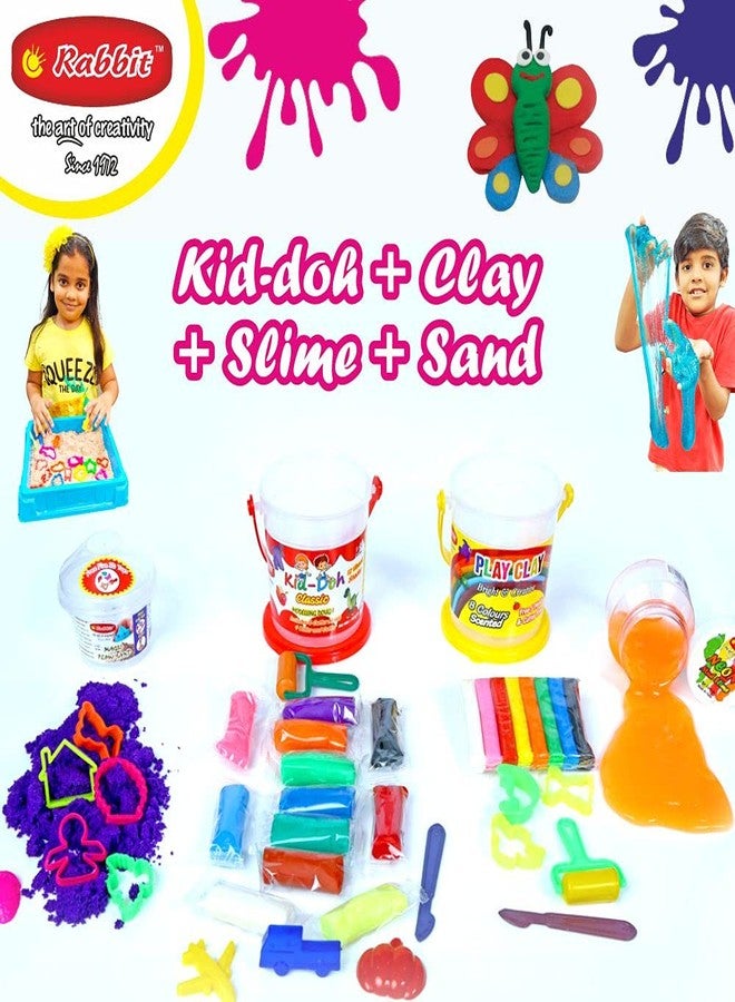 Rabbit Modelling Clay 8 Colors + Dough Bucket + Neon Slime 100g + Play Sand 100g Combo of 4 | Activity Set for Kids | Clay Slime Dough with Moulds, Roller & Cutter | Age 3+ - Image 2